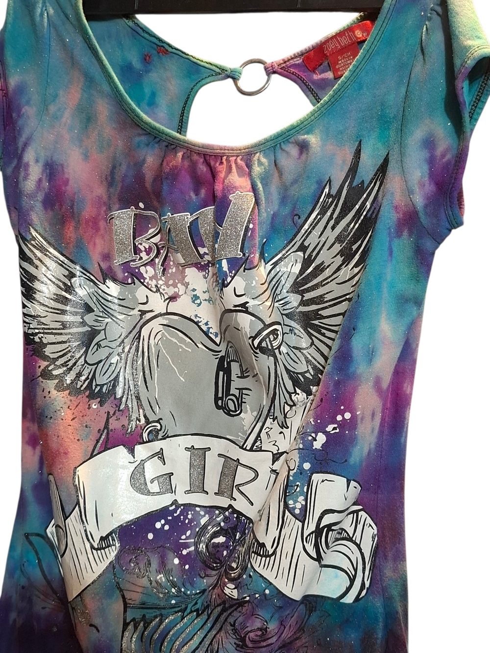 Tie-Dye Graphic Tank Top with Metallic Winged Heart - Purple Blue Teal